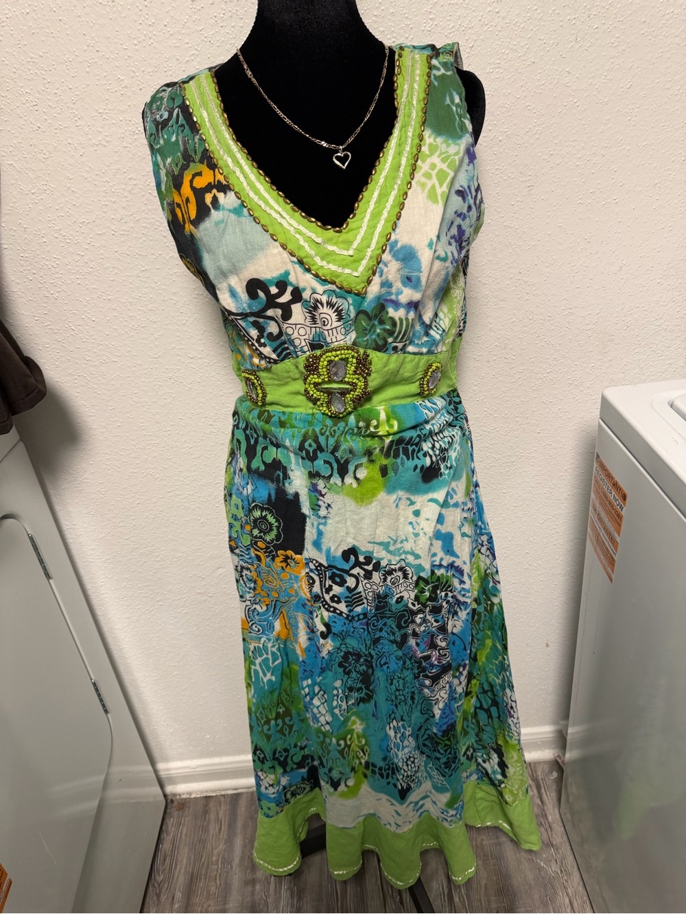 Green & Blue Printed V-Neck Maxi Dress with Beaded Waist